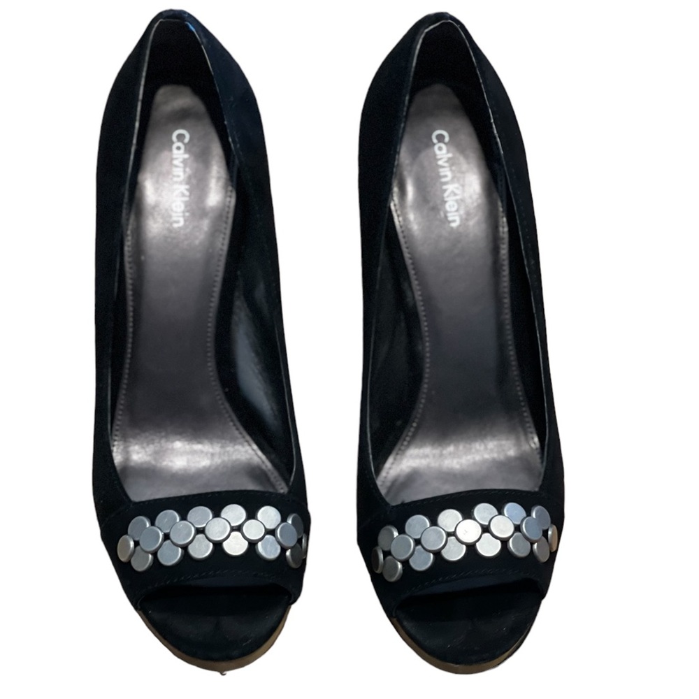 Calvin Klein Suede Peep Toe Platform Pumps wTiny Silver Disc Embellishments